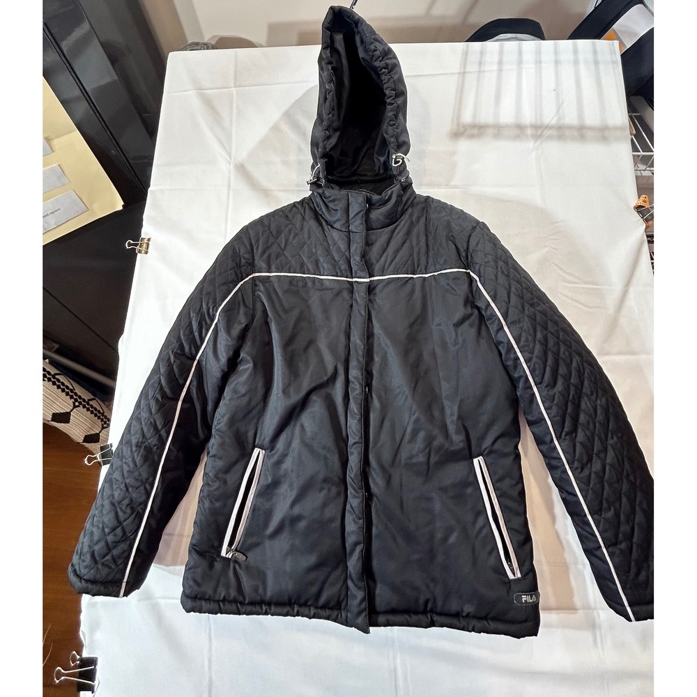 Fila Mens Black Quilted Puffer Jacket Removable Hood Full Zip Small